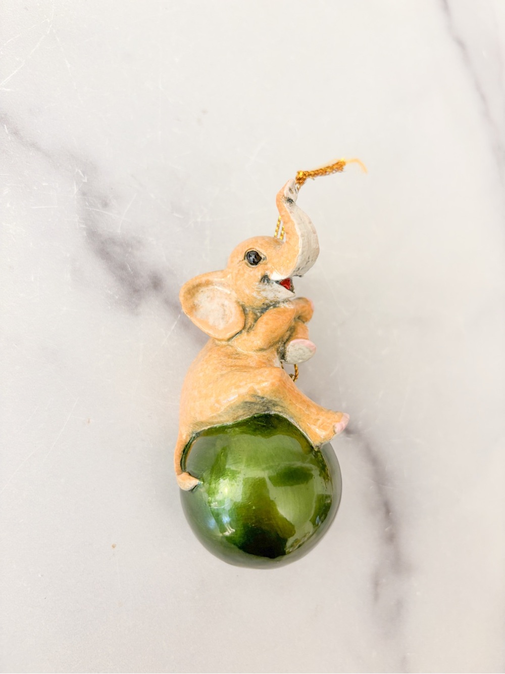 Kitty’s Critters Trunk-Aided Elephant Hanging on Green Ball Ornament